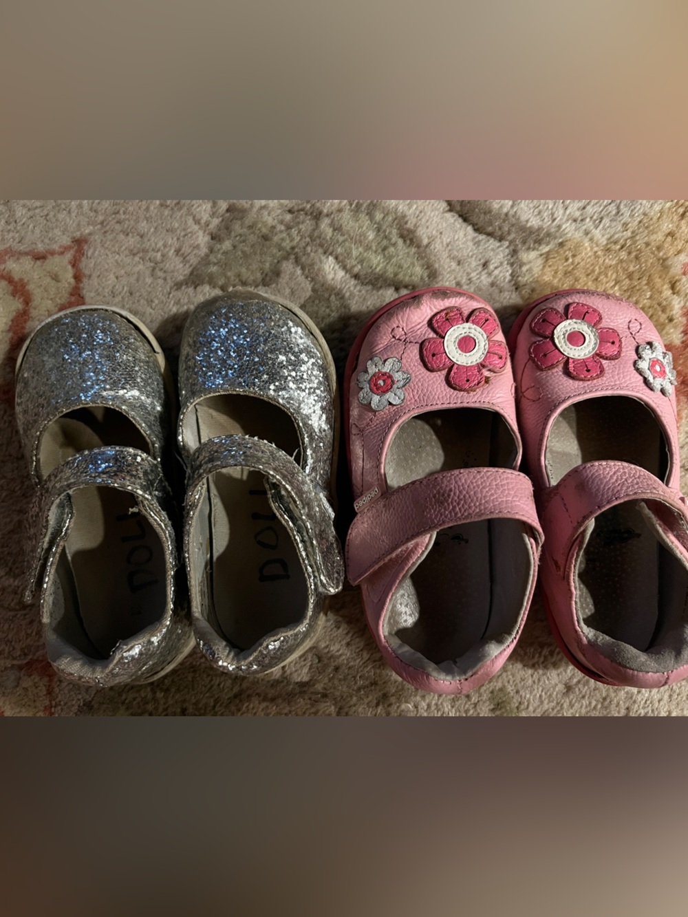 Girls Sparkle and Floral Mary Jane Shoes — Pink and Silver size 6.5/7